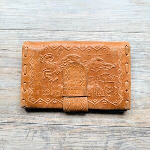 Vintage Tooled Leather Wallet Western Horse Cowboy Tan Bifold Snap Closure